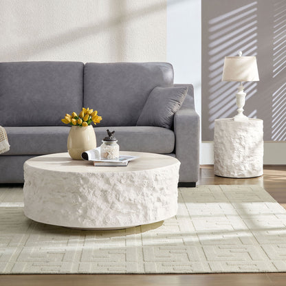 35.43''Fiberglass Round Center Coffee Table Set for Living Room Vintage Table,Imitation Stone Table front of the Sofa,Modern Design Coffee Table for Office,Apartment,No Need Assembly