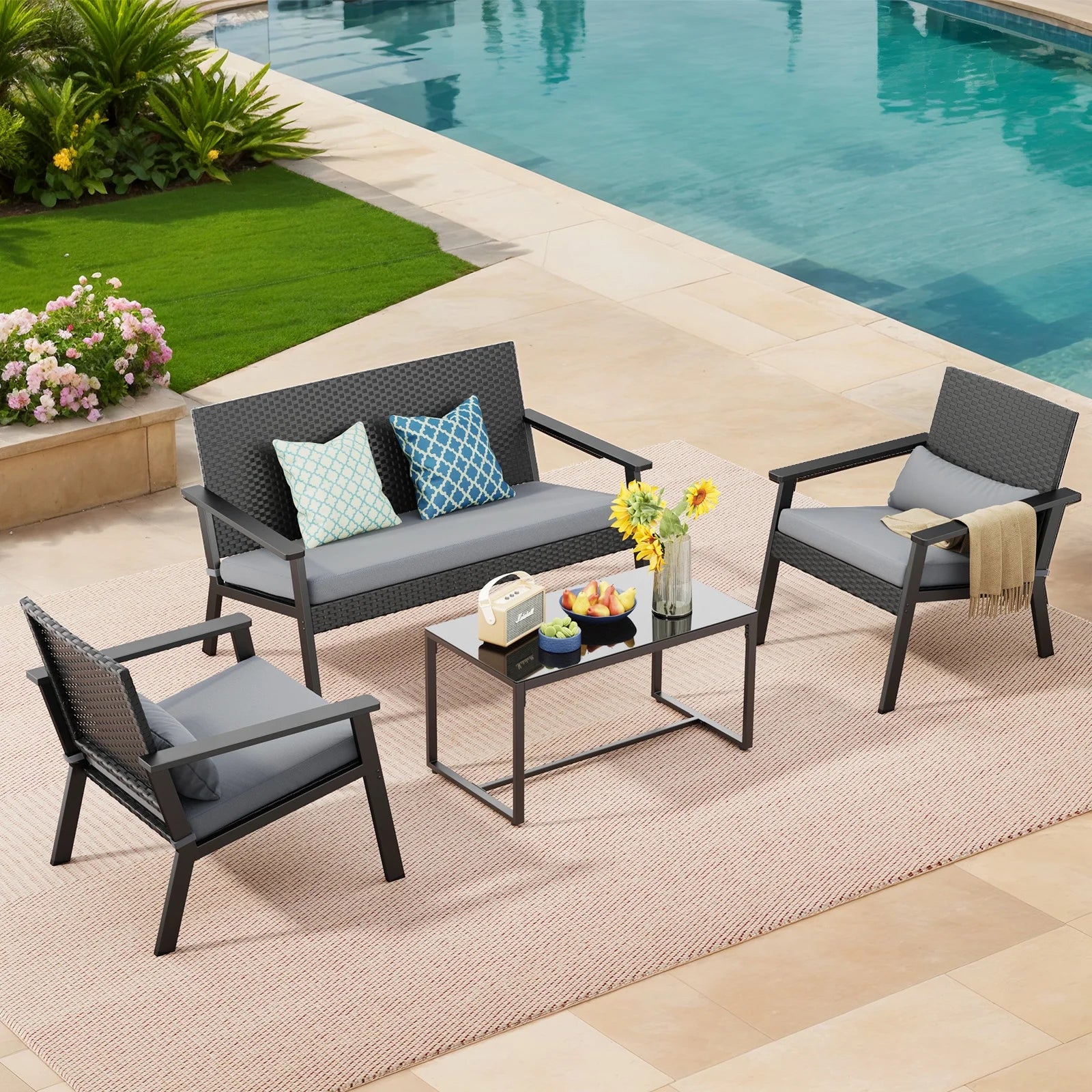 Lofka Outdoor Patio Furniture Set Clearance with Wicker Chairs and Tempered Glass Table for Balcony|Garden|Porch, Gray Cushions