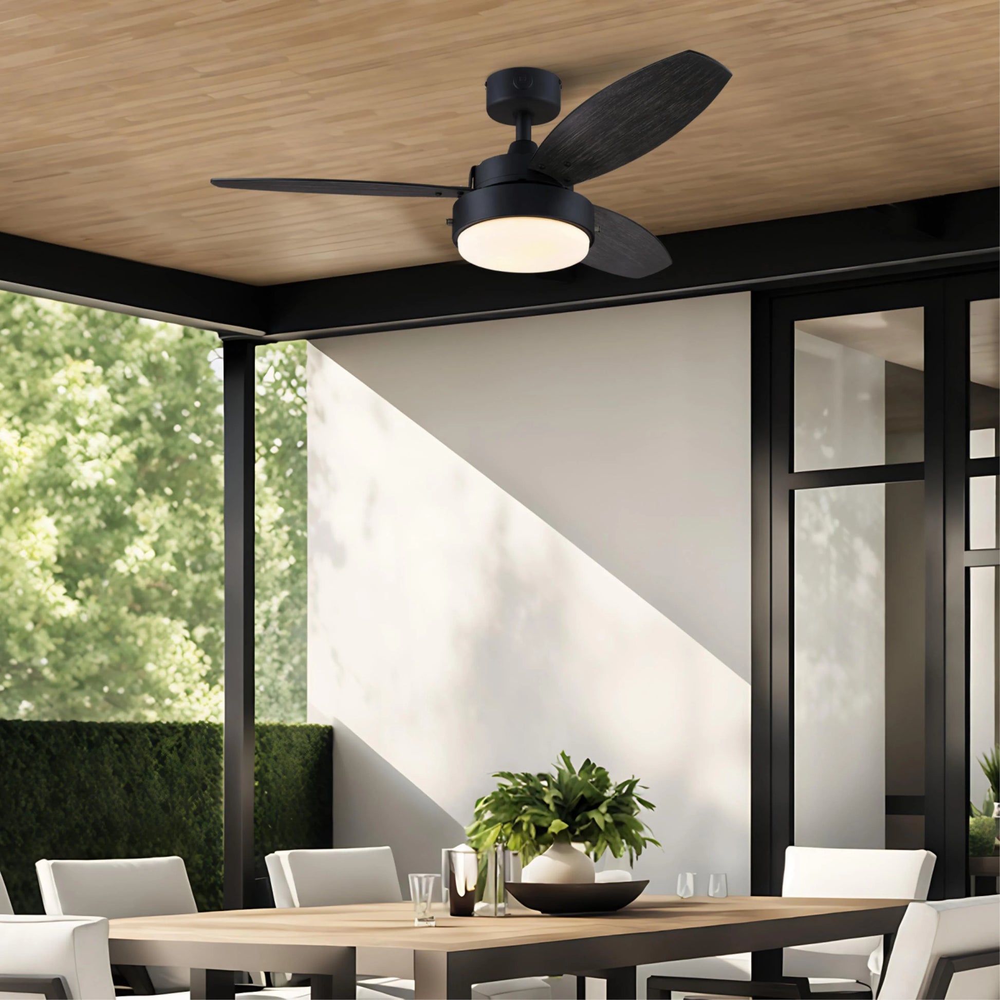 Westinghouse Lighting Alloy 42-Inch Indoor/Outdoor 3-Blade Matte Black Ceiling Fan, LED Light Fixture with Opal Frosted Glass