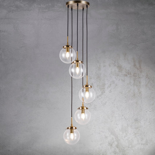 JYYQ.INC 5-Lights Modern Staircase Globe Bubble Glass Linear Chandelier Gold