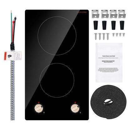 KFFKFF 2 Burner Built-in Electric Cooktop, 3500W Electric Ranges with 12 Heat Levels, Glass Top, Automatic Power-Off, Regulated by Knobs
