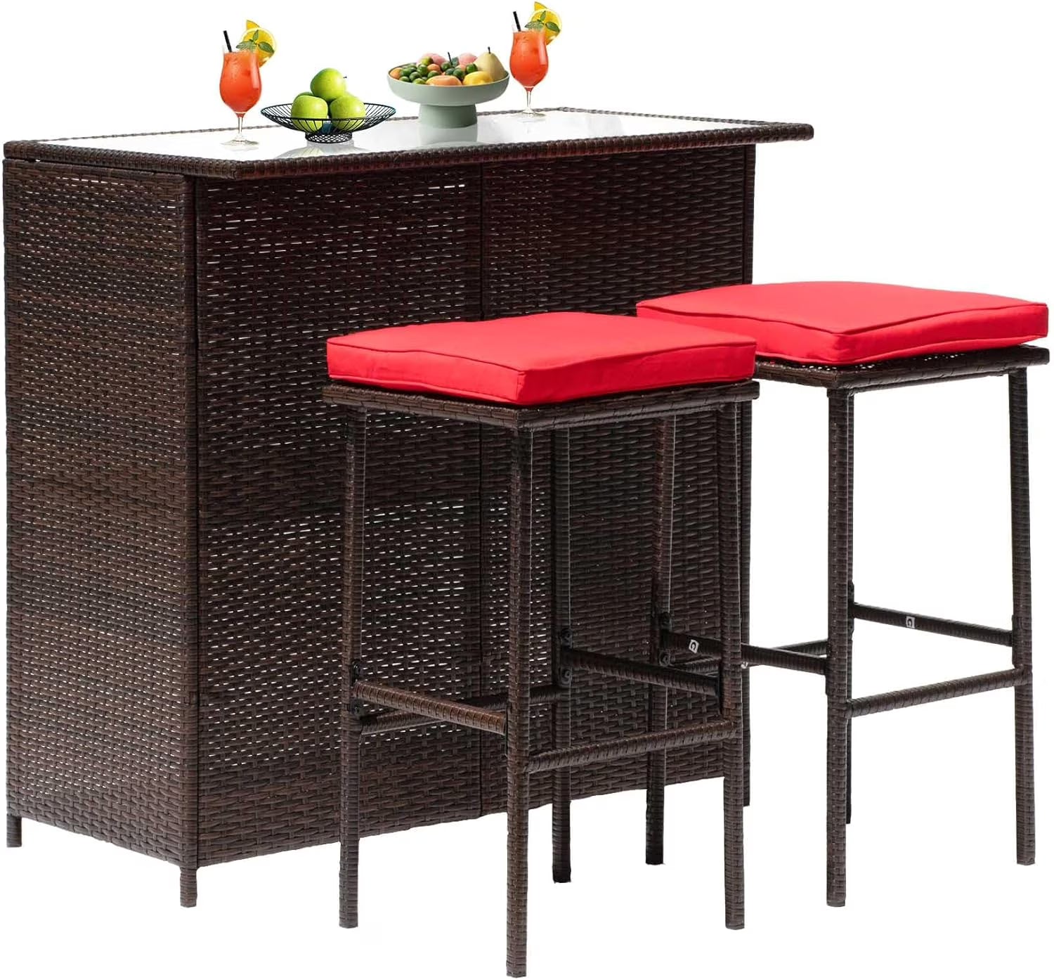 CL.HPAHKL Patio Bar Set, 3 Piece Outdoor Rattan Wicker Furniture Set with Glass Top Table & 2 Cushions Stools for Patios Backyards Porches Gardens Poolside, Khaki