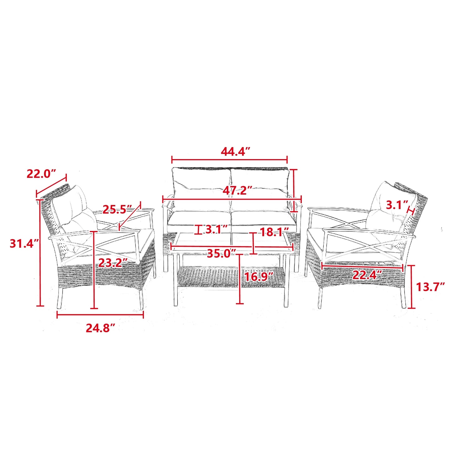 4-Piece Patio Conversation Sets, 2025 Upgrade All-Weather Wicker Patio Furniture Set w/Seat Cushions & Tempered Glass Coffee Table, Outdoor Patio Sets for Porch Poolside Backyard Garden, 705lbs