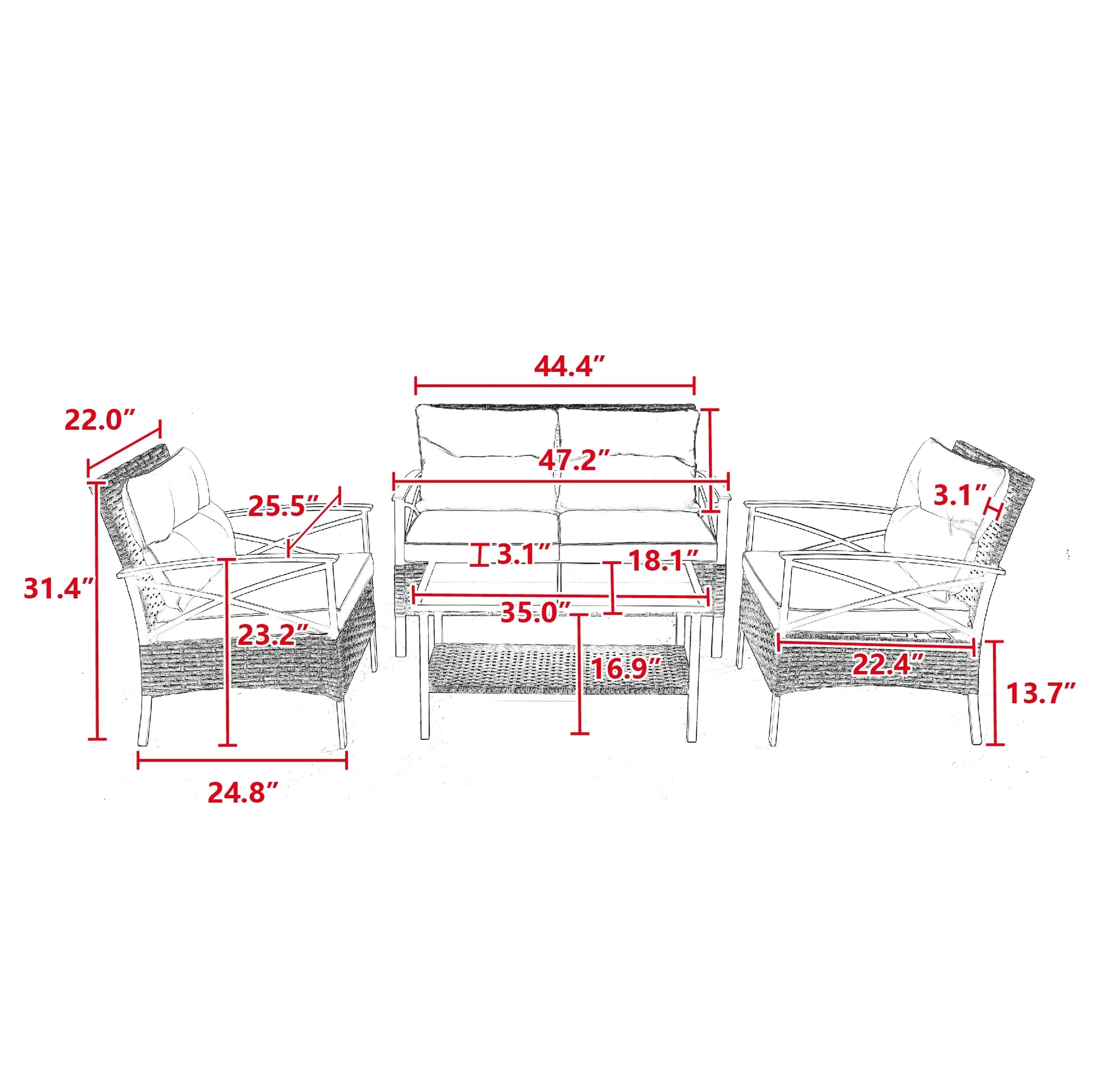 4-Piece Patio Conversation Sets, 2025 Upgrade All-Weather Wicker Patio Furniture Set w/Seat Cushions & Tempered Glass Coffee Table, Outdoor Patio Sets for Porch Poolside Backyard Garden, 705lbs
