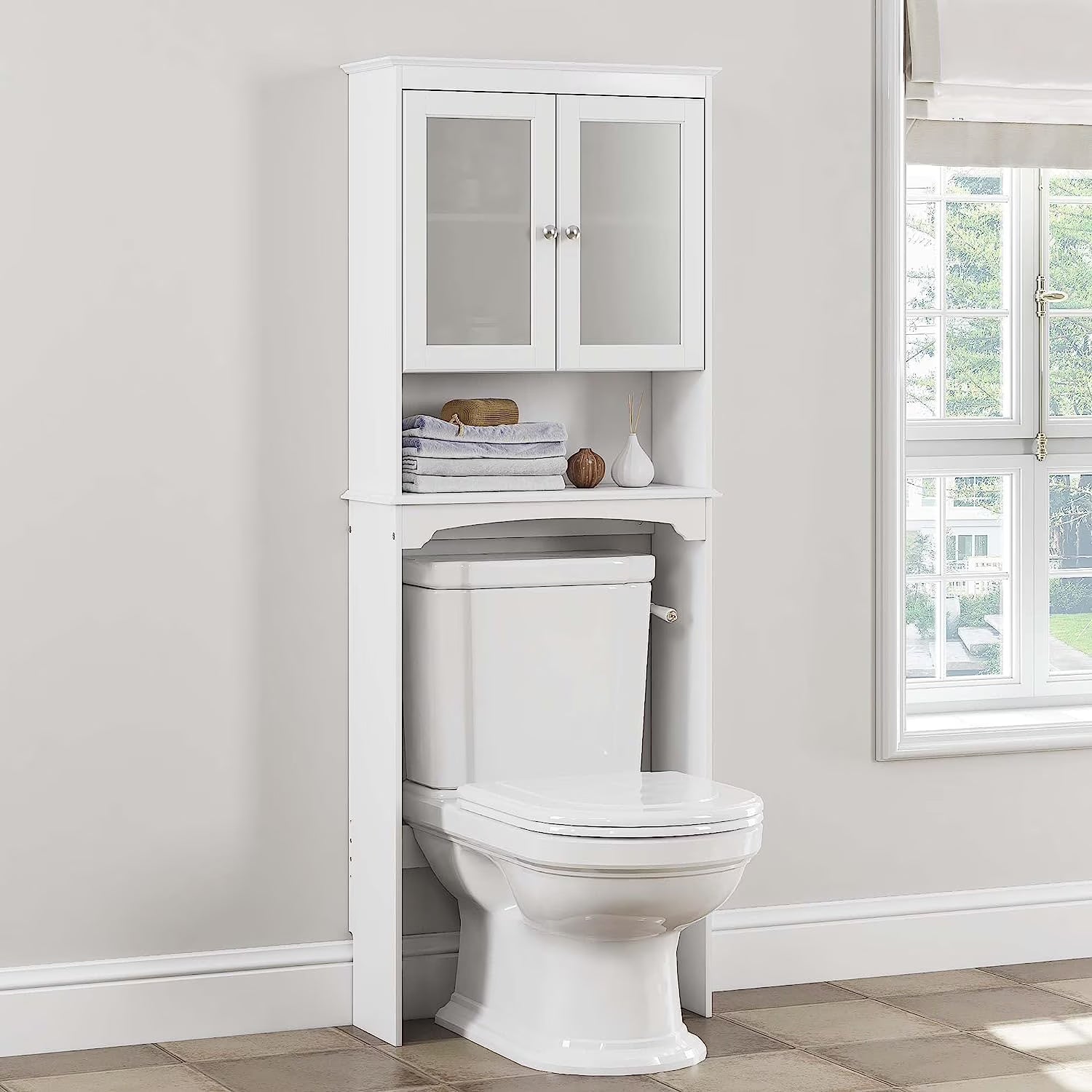 Spirich Over The Toilet Cabinet for Bathroom Storage, Above Toilet Storage Cabinet with Glass Doors, Over Toilet Storage Shelf Organizer, White