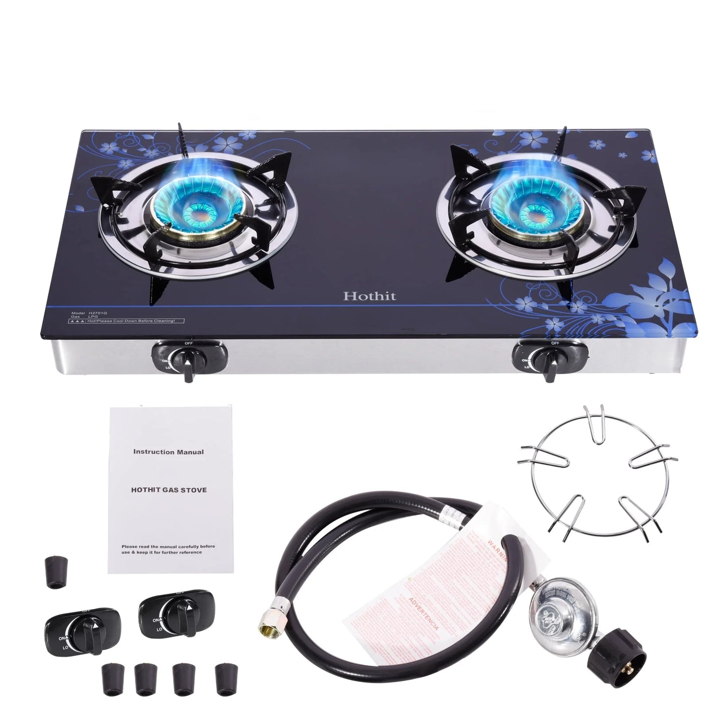 Hothit Portable 2 Burner Propane Stove Gas Cooktop Tempered Glass 28600 BTU,Black
