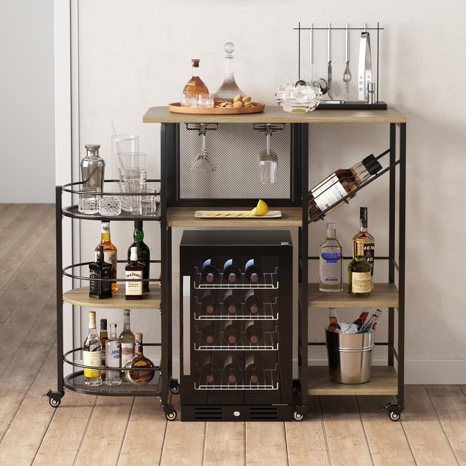 Bar Cart, Home Bar Service Cart with Wine Rack and Glass Holder, Kitchen Cart with Rolling Wheels, Metal Bar Rack with 7 Tiers Storage for Home, Kitchen, Living Room, Dining Room (Brown)