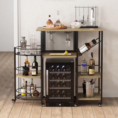 Bar Cart, Home Bar Service Cart with Wine Rack and Glass Holder, Kitchen Cart with Rolling Wheels, Metal Bar Rack with 7 Tiers Storage for Home, Kitchen, Living Room, Dining Room (Brown)