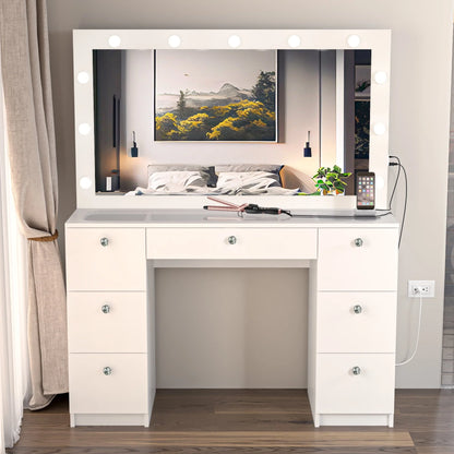 Ibbie Modern Vanity Table 7 Drawers Lights Mirror Crystal Knobs Glass Top White Painted for Bedroom