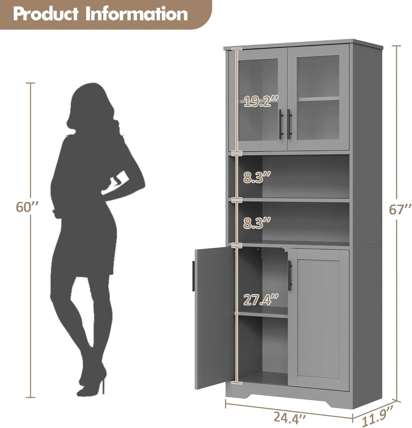 Studyset Tall Bathroom Cabinet, Freestanding Bathroom Storage Cabinet with Glass Doors and Adjustable Shelves, 67" Cupboard Modern Storage Cabinet for Kitchen, Pantry, Living Room
