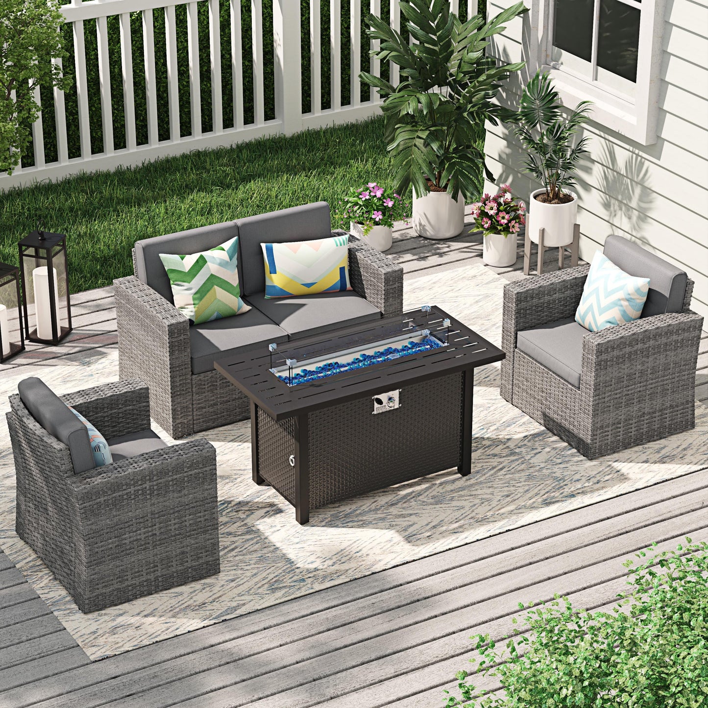 JOIVI 45° Propane Fire Pit, 50,000 BTU Gas Fire Pit Table with Glass Wind Guard and Waterproof Cover, Outdoor Heating Firepit Table for Patio, Yard, Balcony