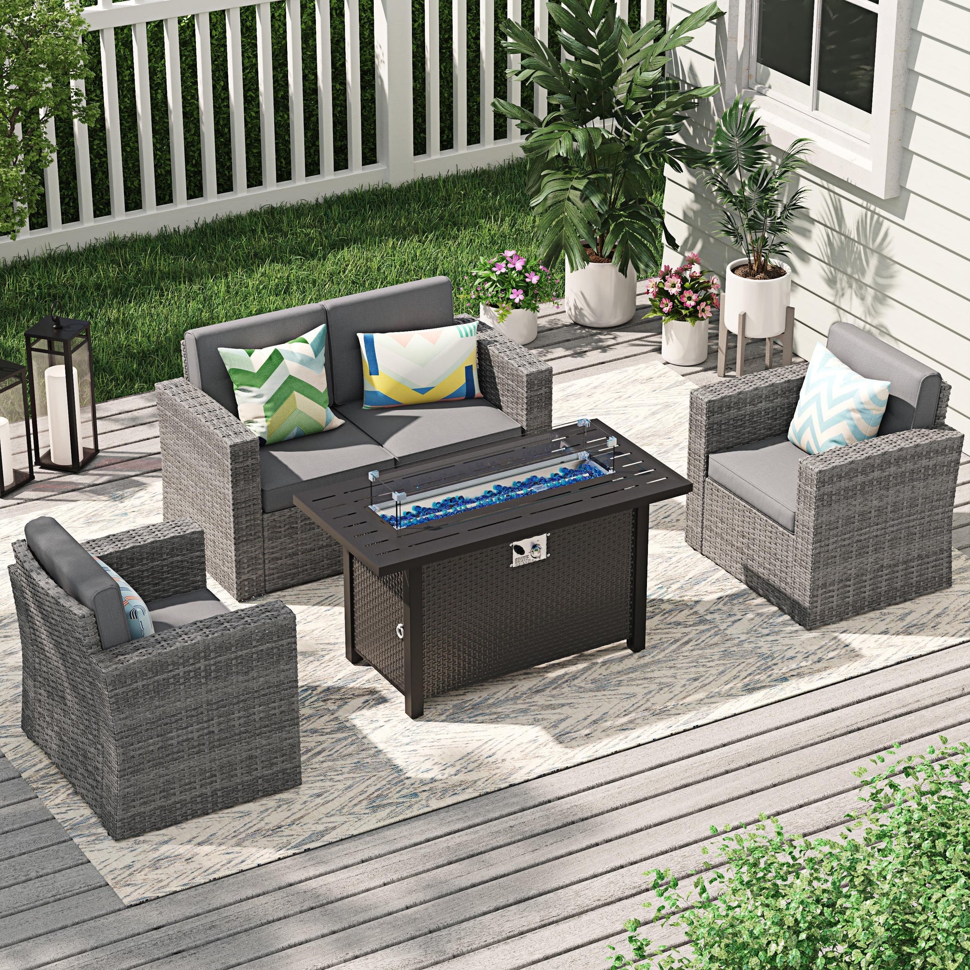 JOIVI 45° Propane Fire Pit, 50,000 BTU Gas Fire Pit Table with Glass Wind Guard and Waterproof Cover, Outdoor Heating Firepit Table for Patio, Yard, Balcony
