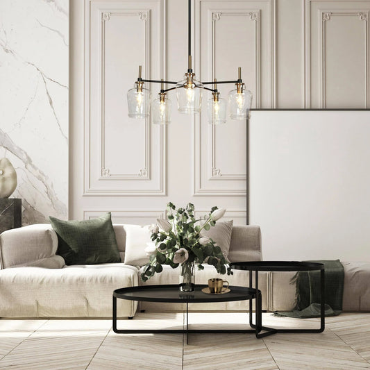Savonnerie Modern 5-Light Black Gold Wagon Wheel Chandeliers Glass Pendant Light for Kitchen Dining Room 5 5-Light - 25"D 25 to 36 Inches