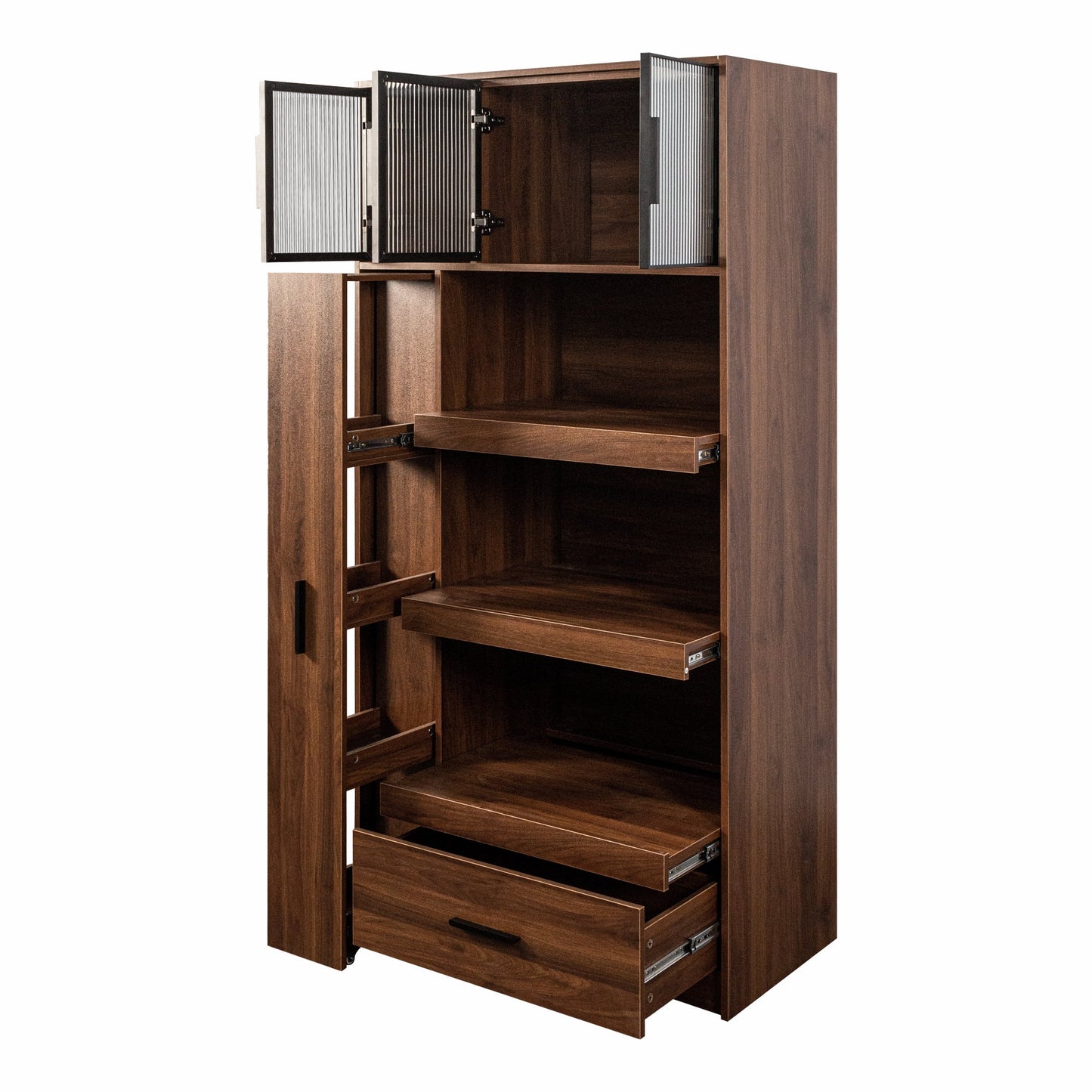 Kitchen Pantry Cabinet w/4-Tier Storage Cart, 2 Drawers & 2 Glass Doors, Tall Storage Cabinet w/Shelves