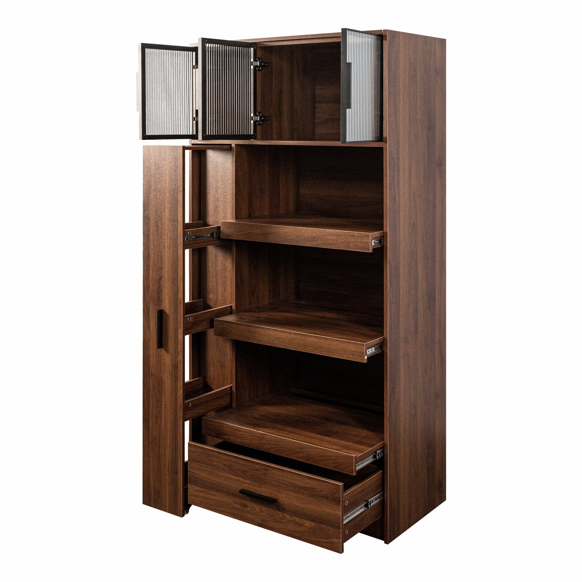 Kitchen Pantry Cabinet w/4-Tier Storage Cart, 2 Drawers & 2 Glass Doors, Tall Storage Cabinet w/Shelves