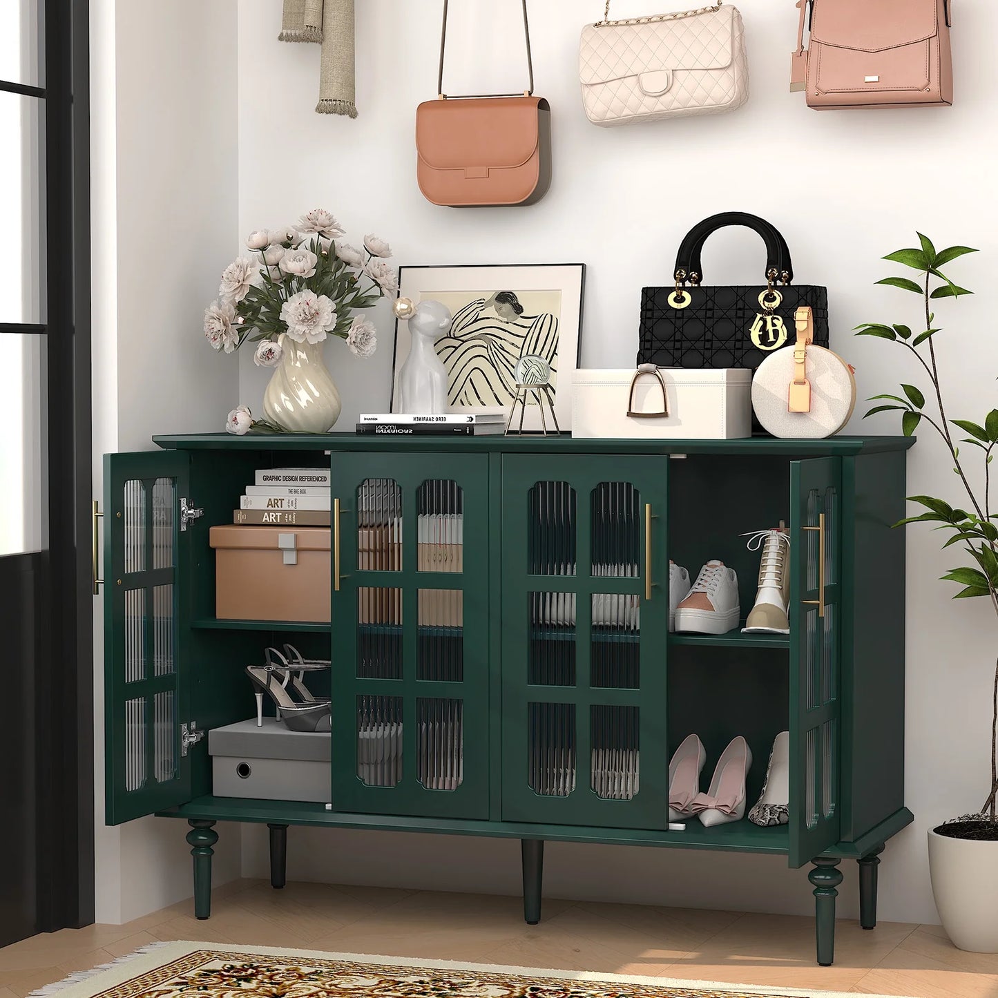 HLR 47.6" Modern Vintage Sideboards Buffet Cabinet with 4 Lattice Glass Door, Green