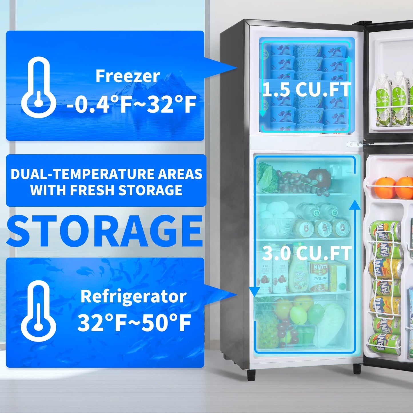 4.5 Cu.ft Compact Refrigerator 2 Door with Freezer,7 Adjustable Thermostat & 4 Removable Glass Shelves,Large Size Refrigerator for Garage/Bedroom/Kitchen/Apartment and Office,Grey