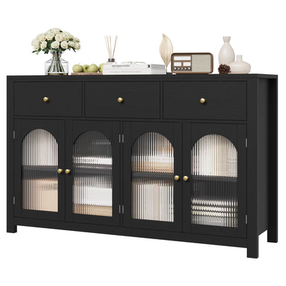 Homfa 55'' Large Sideboard Buffet Cabinet, Kitchen Storage Cabinet with 3 Drawers and 4 Glass Doors, Wood Coffee Bar Cabinet for Living Room, White