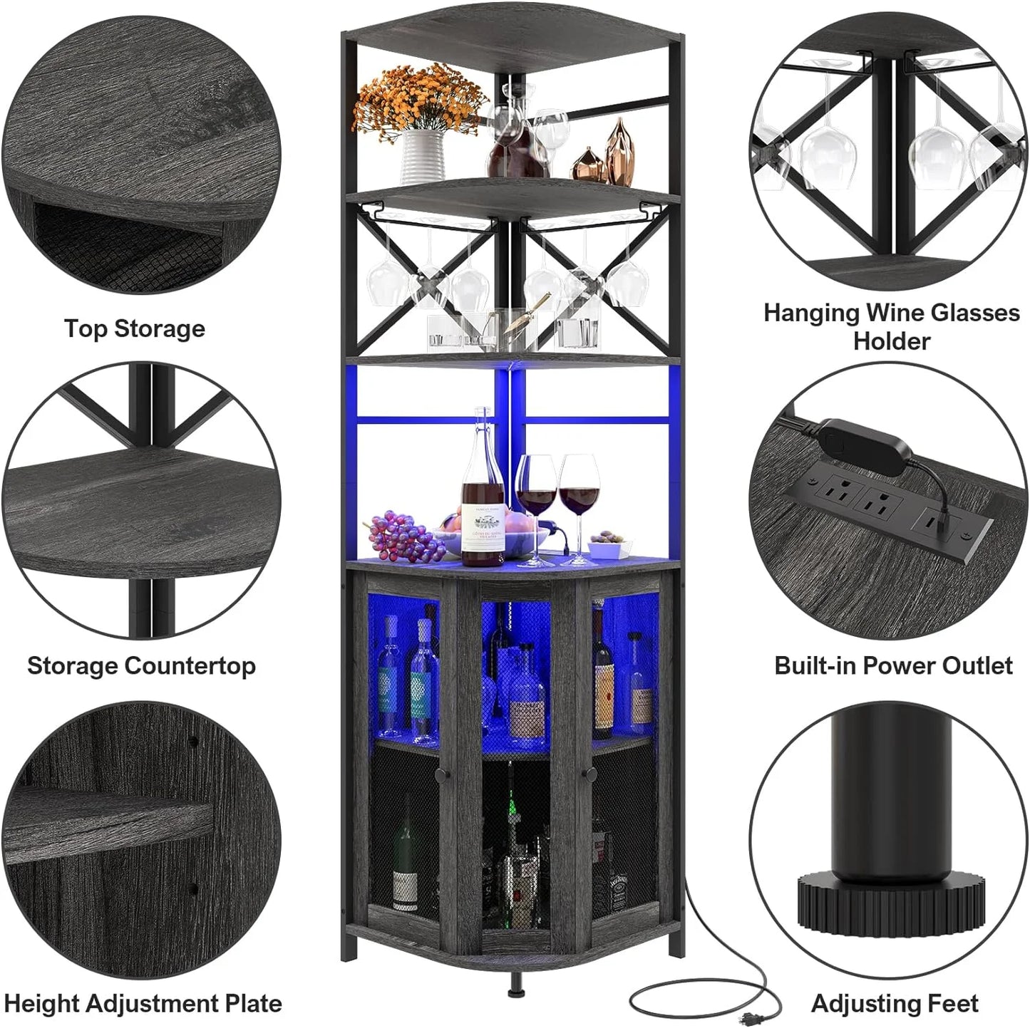Frmobepts Corner Bar Cabinet with Power Outlet, 6-Tiers Industrial Wine Cabinet with LED Strip and Glass Holder for Living Room, Kitchen, Grey