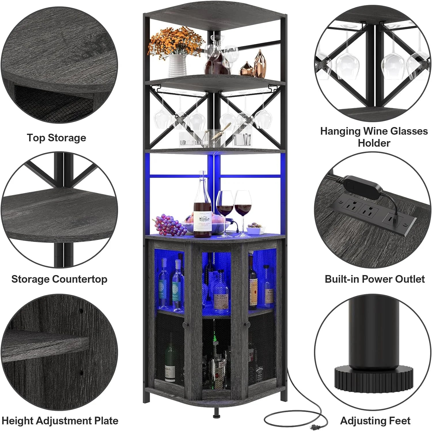 Frmobepts Corner Bar Cabinet with Power Outlet, 6-Tiers Industrial Wine Cabinet with LED Strip and Glass Holder for Living Room, Kitchen, Grey