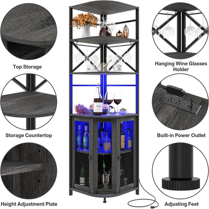 Frmobepts Corner Bar Cabinet with Power Outlet, 6-Tiers Industrial Wine Cabinet with LED Strip and Glass Holder for Living Room, Kitchen, Grey