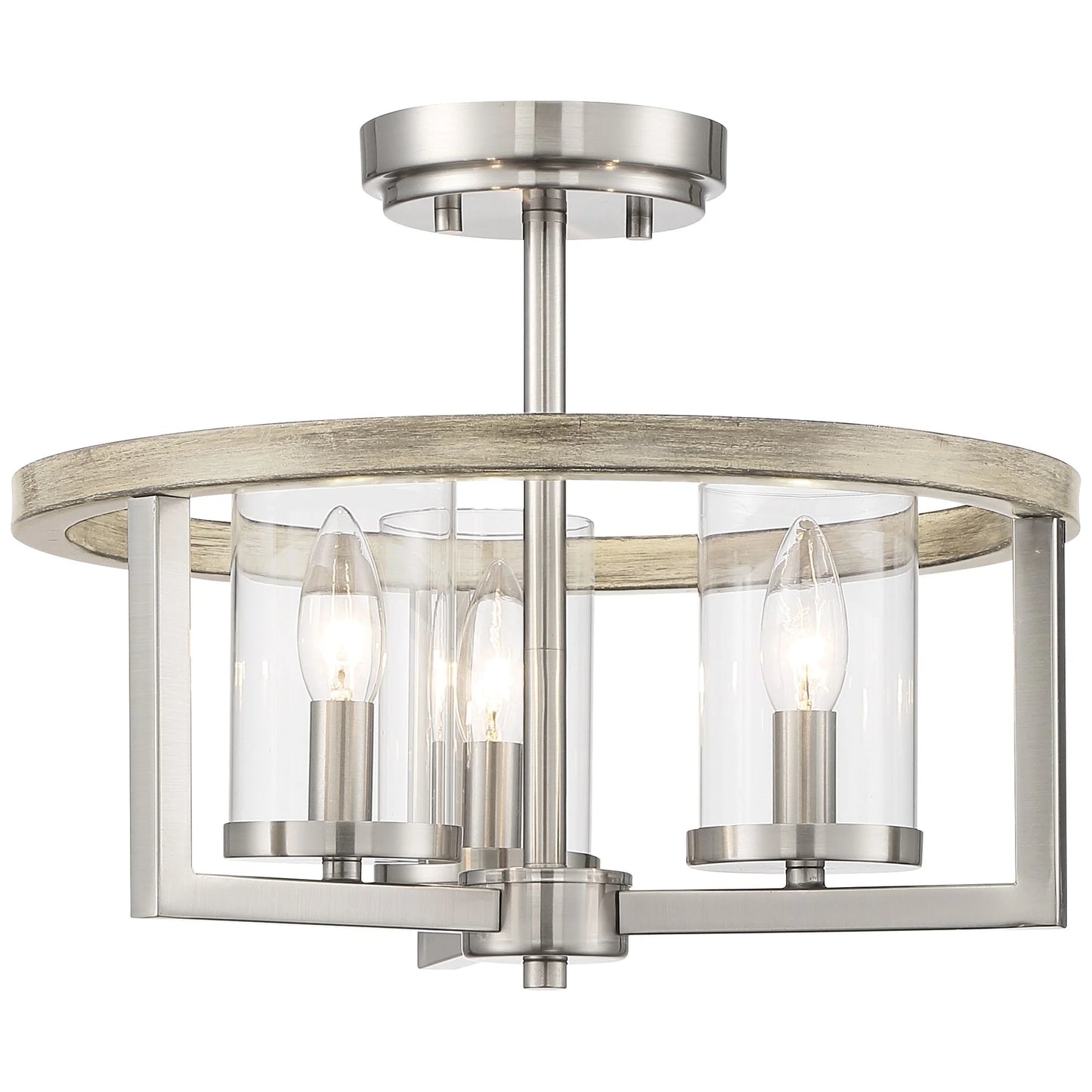 Possini Euro Design Senna Modern Industrial Ceiling Light Semi Flush Mount Fixture 15" Wide Brushed Nickel Gray Wood 3-Light Clear Glass for Bedroom