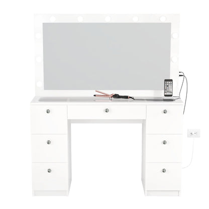 Ibbie Modern Vanity Table 7 Drawers Lights Mirror Crystal Knobs Glass Top White Painted for Bedroom