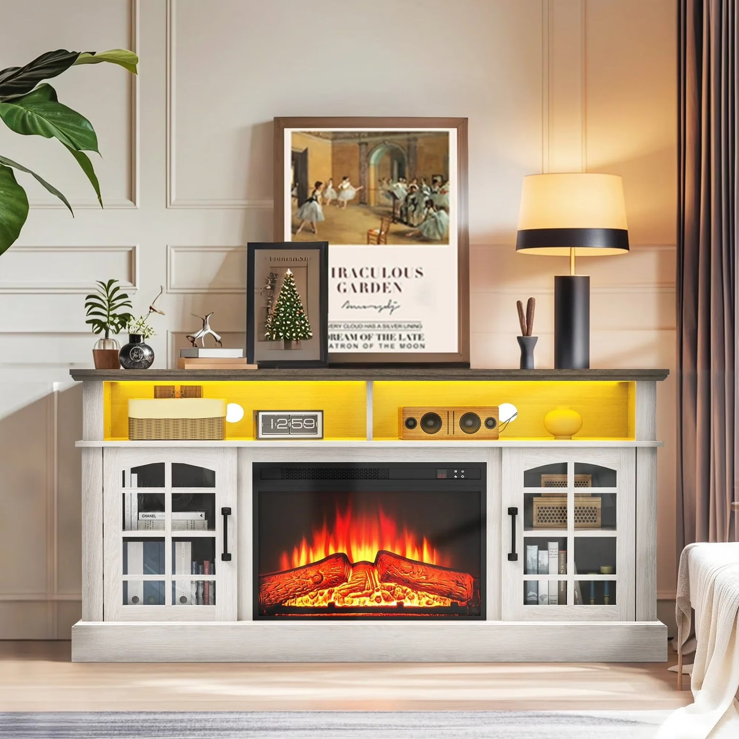 SYNGAR Fireplace Electric TV Stand for 65" TV with LED Light, Modern Entertainment Center With Remote Control Virtual Flame Fireplace, 2 Cabinet Storage, Glass Door, Storage Shelves, Brown