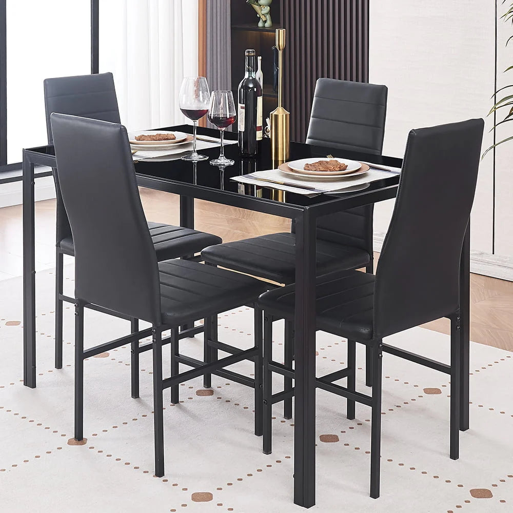 Dining Table Set for 4, 5 Piece Kitchen Table and Chairs with Black Tempered Glass Table Top and 4 Black Faux Leather Metal Frame Chairs,47.2" x 27.5" x 29.5"