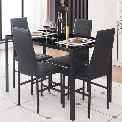 Dining Table Set for 4, 5 Piece Kitchen Table and Chairs with Black Tempered Glass Table Top and 4 Black Faux Leather Metal Frame Chairs,47.2" x 27.5" x 29.5"