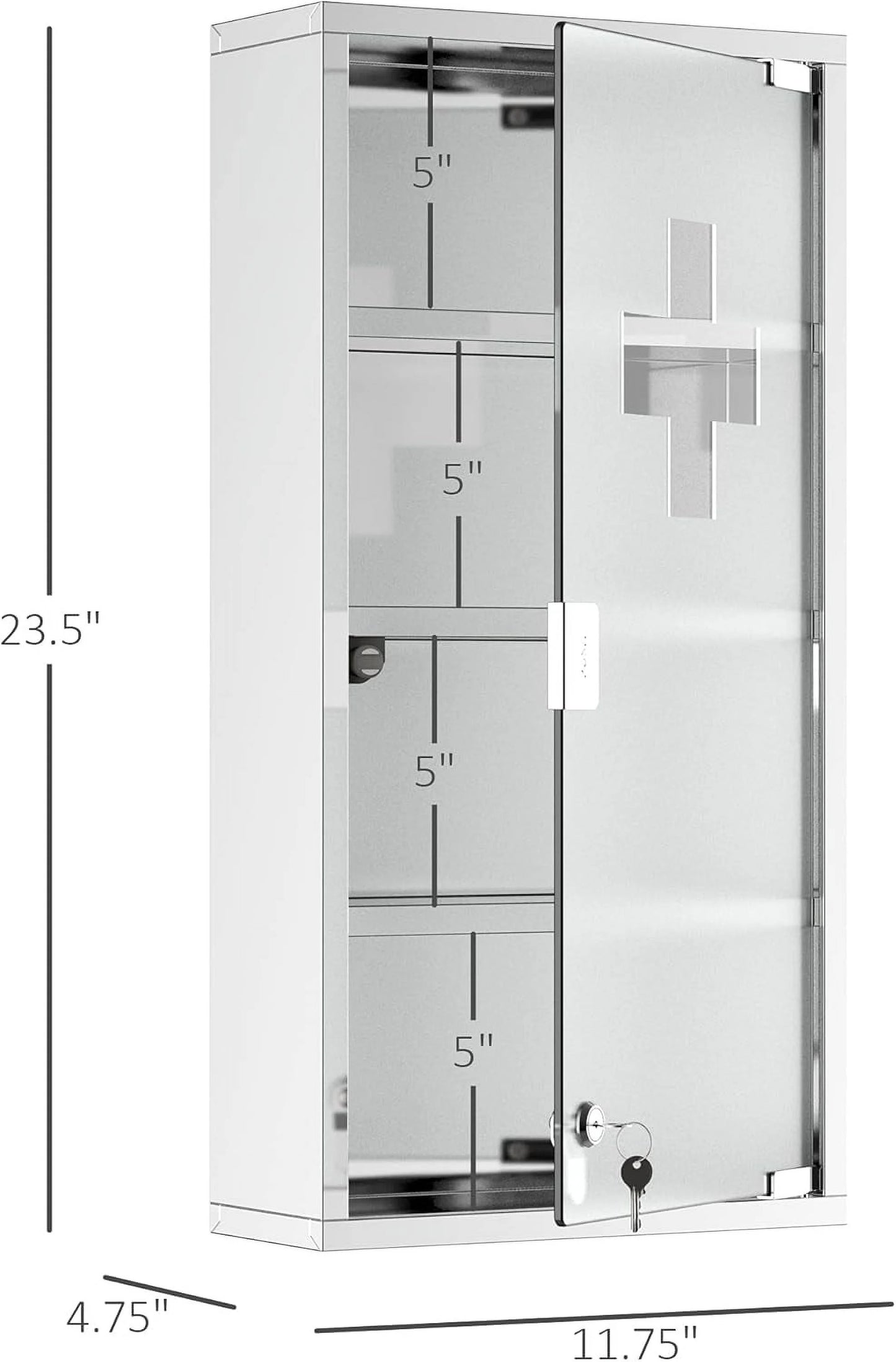 BOBOKY Wall Mounted Medicine Cabinet, Locking Wall Cabinet with 4 Tier Shelves, Stainless Steel Frame and Glass Door, Lockable with 2 Keys, Silver,12" x 24"
