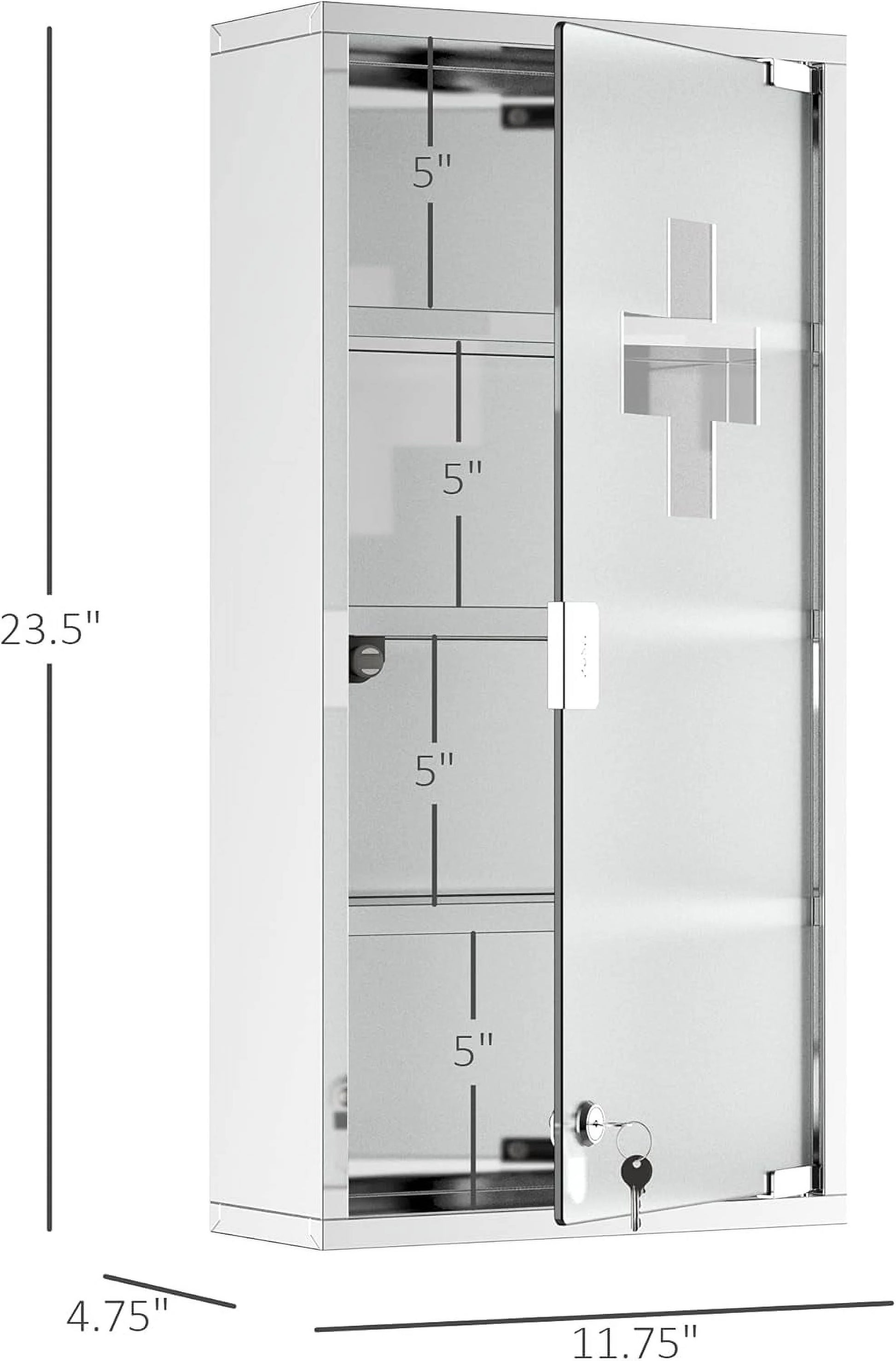 BOBOKY Wall Mounted Medicine Cabinet, Locking Wall Cabinet with 4 Tier Shelves, Stainless Steel Frame and Glass Door, Lockable with 2 Keys, Silver,12" x 24"