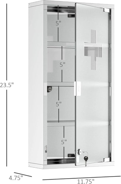 BOBOKY Wall Mounted Medicine Cabinet, Locking Wall Cabinet with 4 Tier Shelves, Stainless Steel Frame and Glass Door, Lockable with 2 Keys, Silver,12" x 24"