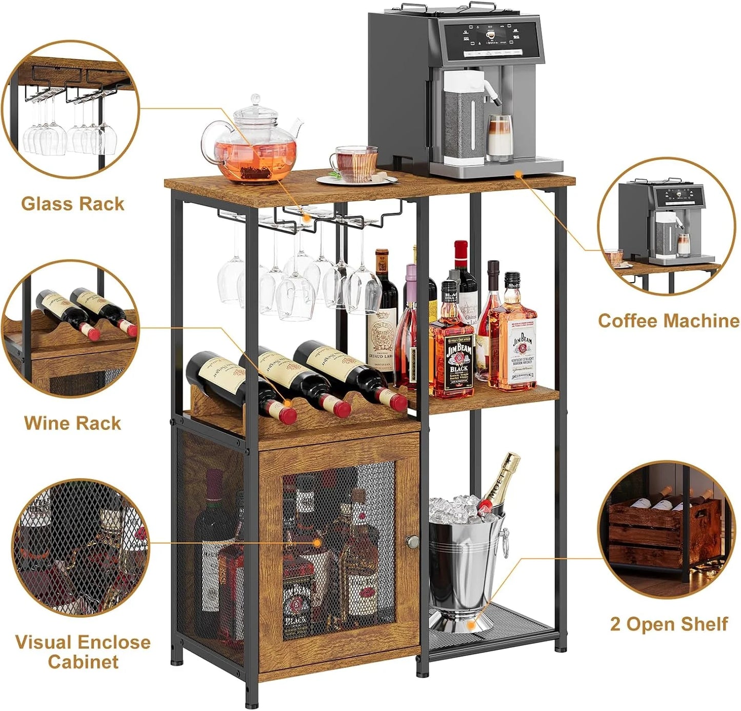Bar Cabinet with Detachable Wine Rack, Liquor Shelf for Home Bar, Mini Bar Table with Glass Holder, Small Sideboard and Buffet with Mesh Door for Small Space, Rustic Brown