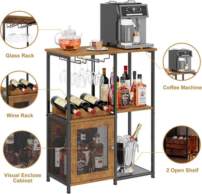 Bar Cabinet with Detachable Wine Rack, Liquor Shelf for Home Bar, Mini Bar Table with Glass Holder, Small Sideboard and Buffet with Mesh Door for Small Space, Rustic Brown
