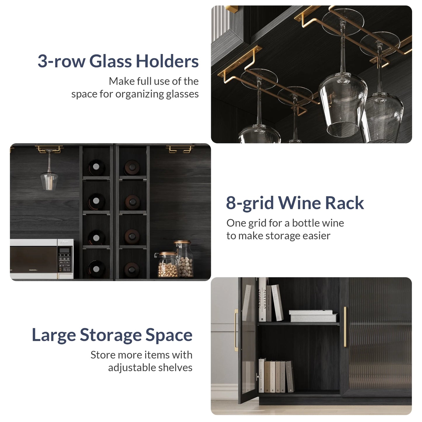 BELLEZE Coffee Wine Bar Cabinet with Power Outlet, 72" Rustic Liquor Cabinet, Tall Buffet Cabinet with Storage Kitchen Pantry Cupboard Wine& Glasses Rack Server with Hutch for Home Dining Room, Ebony