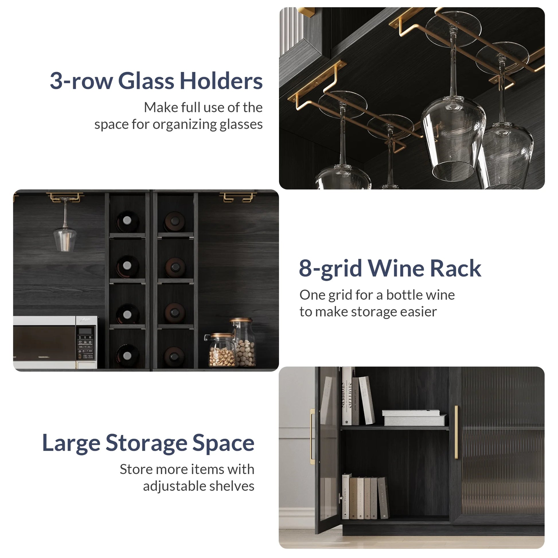 BELLEZE Coffee Wine Bar Cabinet with Power Outlet, 72" Rustic Liquor Cabinet, Tall Buffet Cabinet with Storage Kitchen Pantry Cupboard Wine& Glasses Rack Server with Hutch for Home Dining Room, Ebony