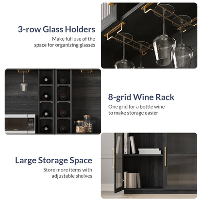 BELLEZE Coffee Wine Bar Cabinet with Power Outlet, 72" Rustic Liquor Cabinet, Tall Buffet Cabinet with Storage Kitchen Pantry Cupboard Wine& Glasses Rack Server with Hutch for Home Dining Room, Ebony