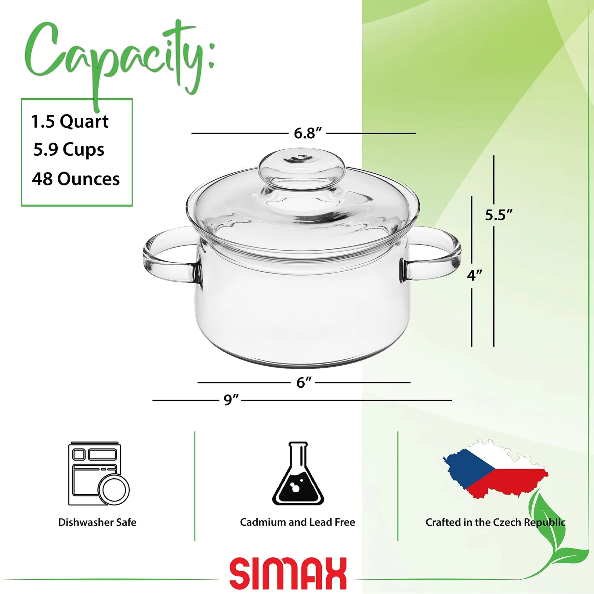 Simax Glassware 1.5 Quart Glass Pot With Lid | Heat Resistant Handles Doubles as Serving Dish - Made from Oven, Microwave, Stove and Dishwasher Safe Borosilicate Glass Small Glass Pot
