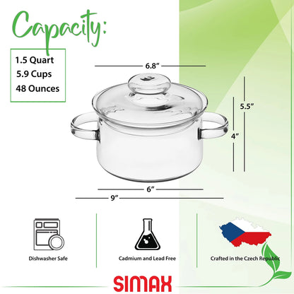 Simax Glassware 1.5 Quart Glass Pot With Lid | Heat Resistant Handles Doubles as Serving Dish - Made from Oven, Microwave, Stove and Dishwasher Safe Borosilicate Glass Small Glass Pot