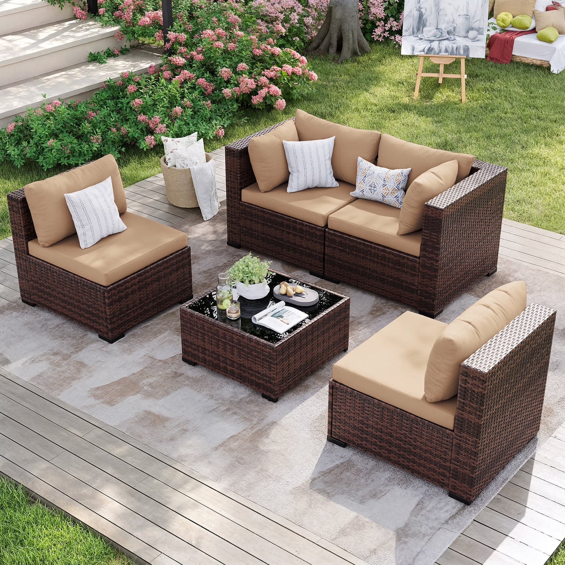 MRUAKA 8 Pieces Patio Furniture Set with Fire Pit Table, Outdoor Furniture Sectional Rattan Sofa with Slanted Back, Patio Couch with Glass Coffee Table for Backyard Garden (Dark Grey)