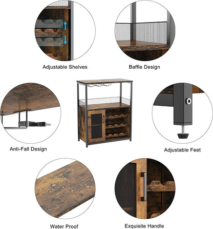 Litake Wine Bar Rack Cabinet with Detachable Wine Rack, Bar Cabinet with Glass Holder, Small Sideboard and Buffet Cabinet with Mesh Door, Rustic Brown