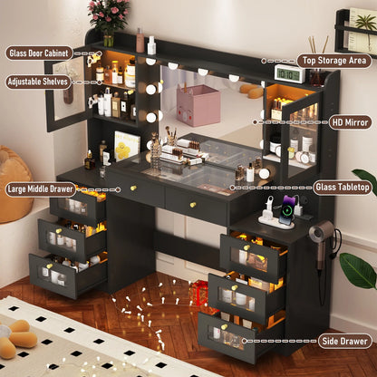 Blotout 62'' Large Vanity Desk with 2 RGB Glass Cabinets, Power Outlet, Glass Top, 11 LED Bulbs, 6 Translucent Drawers, 3 Lights Mode LED Mirror, Bedroom Makeup Vanity for Women, Girls