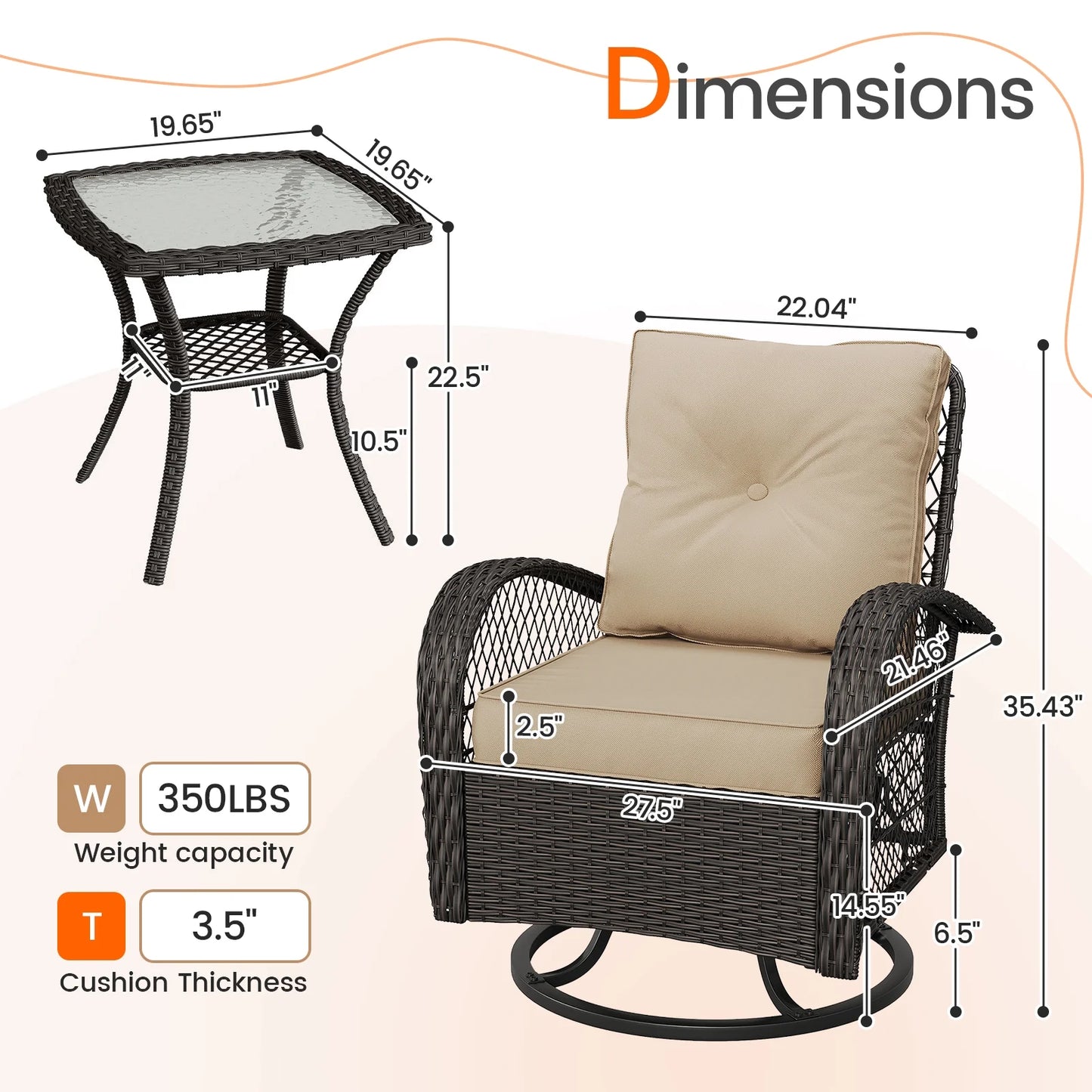MRUAKA 3 Pieces Patio Furniture Set, Outdoor Swivel Gliders Rocker, Wicker Patio Bistro Set with Rattan Rocking Chair, Glass Top Side Table and Thickened Cushions (Khaki)
