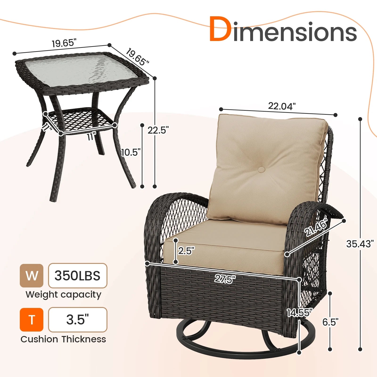 MRUAKA 3 Pieces Patio Furniture Set, Outdoor Swivel Gliders Rocker, Wicker Patio Bistro Set with Rattan Rocking Chair, Glass Top Side Table and Thickened Cushions (Khaki)