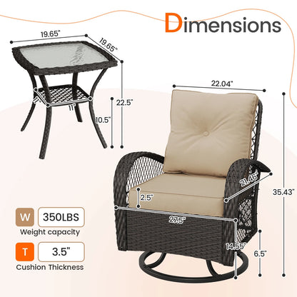 MRUAKA 3 Pieces Patio Furniture Set, Outdoor Swivel Gliders Rocker, Wicker Patio Bistro Set with Rattan Rocking Chair, Glass Top Side Table and Thickened Cushions (Khaki)