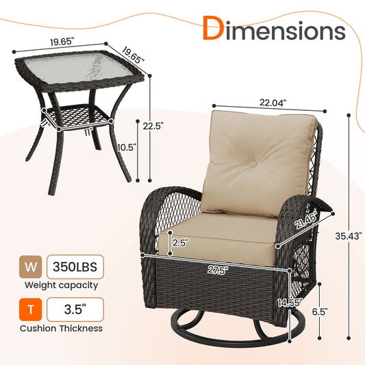 MRUAKA 3 Pieces Patio Furniture Set, Outdoor Swivel Gliders Rocker, Wicker Patio Bistro Set with Rattan Rocking Chair, Glass Top Side Table and Thickened Cushions (Khaki)