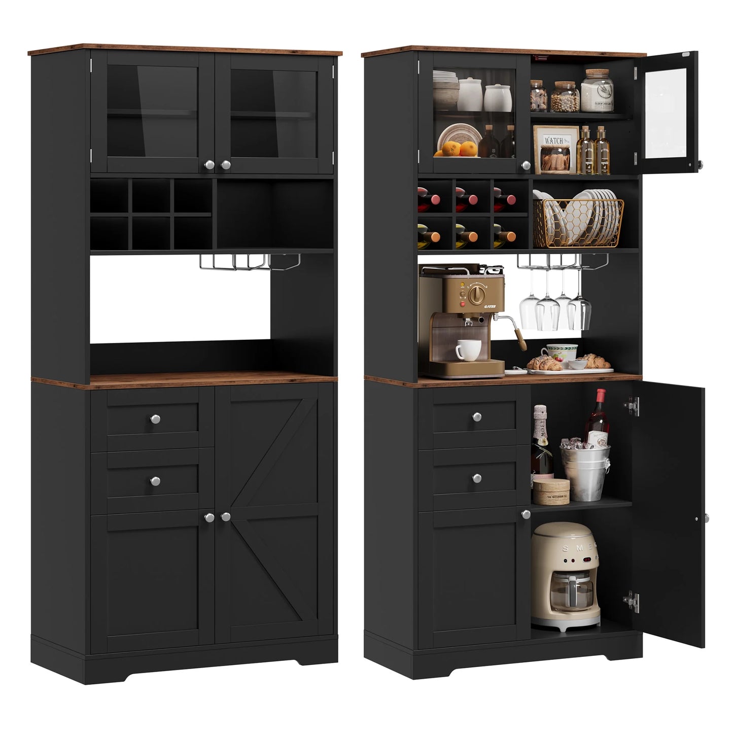 Homfa 75.2'' Kitchen Pantry Storage Cabinet with Wine Rack & Adjustable Shelf, 2 Drawer Modern Farmhouse Buffet with Glass Door for Dining Room Living Room, Black