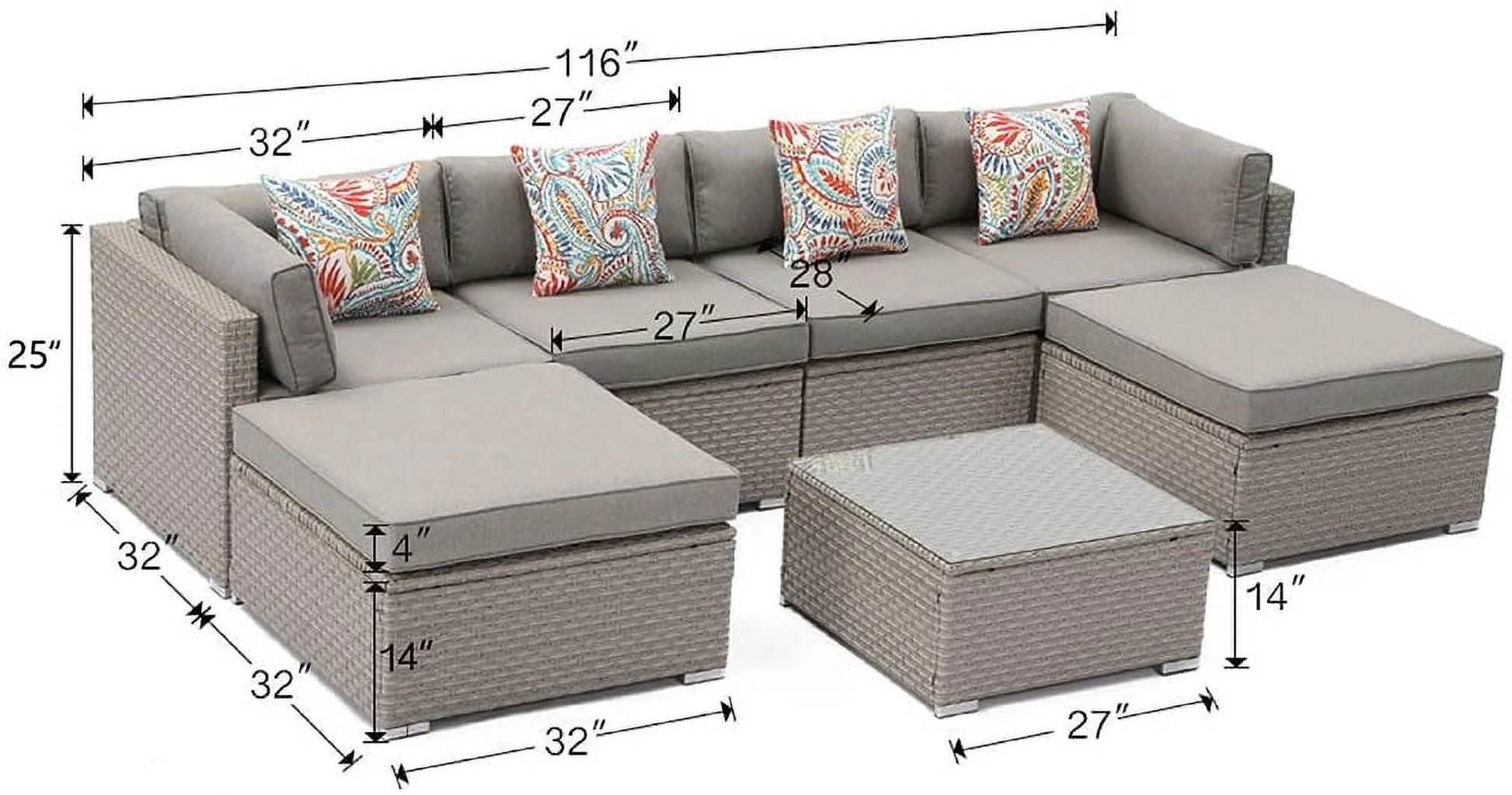 COSIEST 7-Piece Outdoor Patio Furniture Grey Wicker Sectional Sofa Set with Tempered Glass Coffee Table
