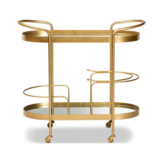 Baxton Studio Kamal Modern and Contemporary Glam Brushed Gold Finished Metal and Mirrored Glass 2-Tier Mobile Wine Bar Cart